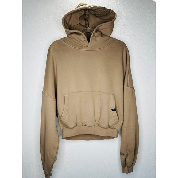 Popflex Tan Taupe Kangaroo Pocket Drop Shoulder Crop Pullover Hoodie S/M - Picture 1 of 10